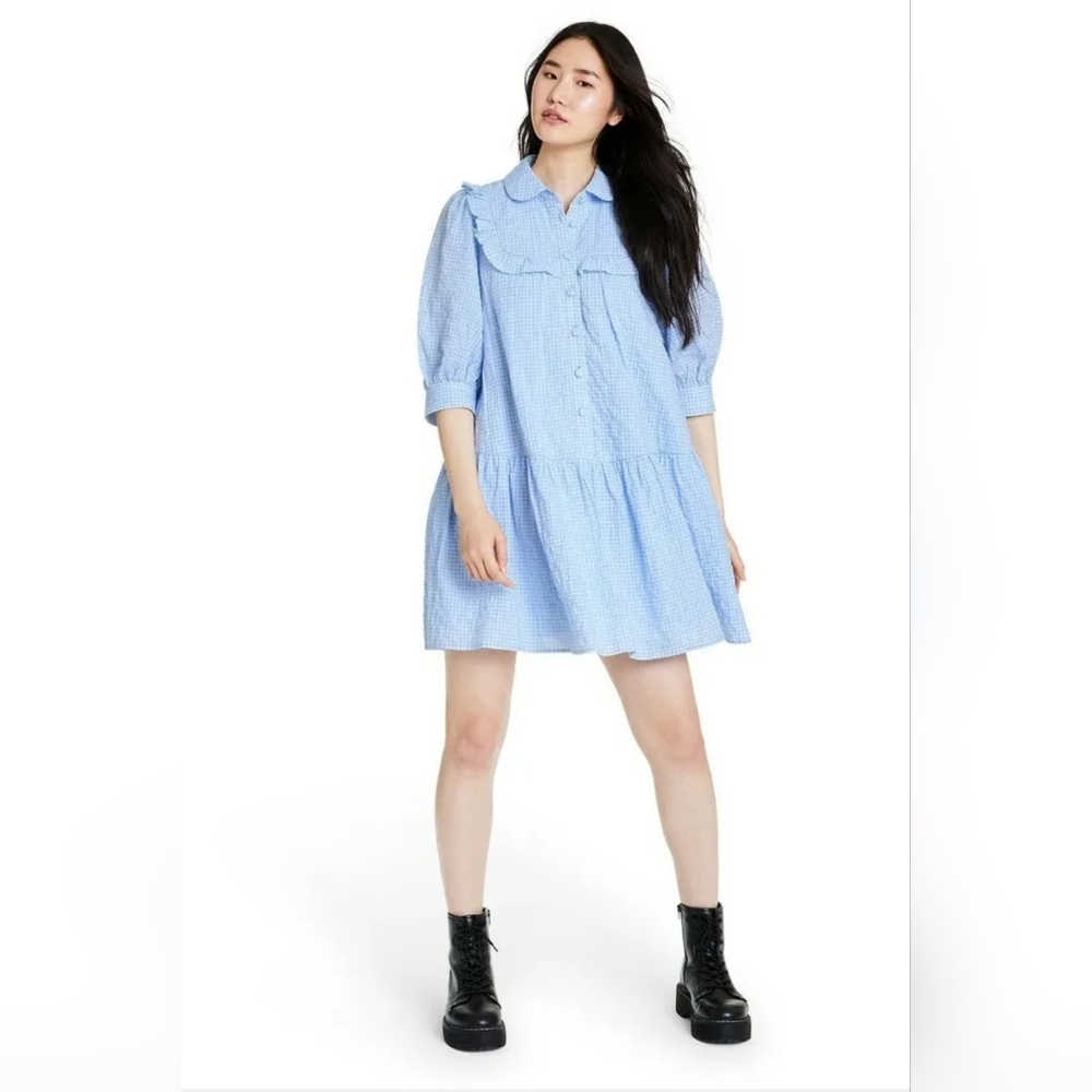 Women's Gingham 3/4 Sleeve Shirtdress - Sandy Liang - Blue & White,Small NWT